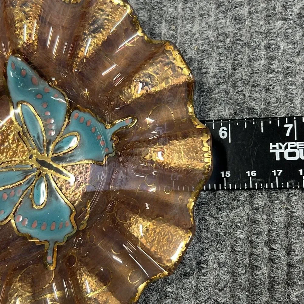 Butterfly Dish Glass 5.5” Ashtray Ruffled Trinket Holder Handpainted Blue‎ Brown